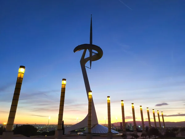 Közeli Felvétel Tower Montjuic Barcelona Spanyolország — Stock Fotó