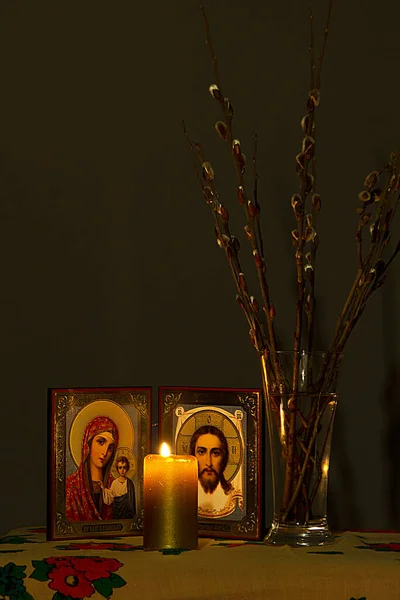 Vertical Shot Icons Candle Willow Twigs Vase — Stock Photo, Image