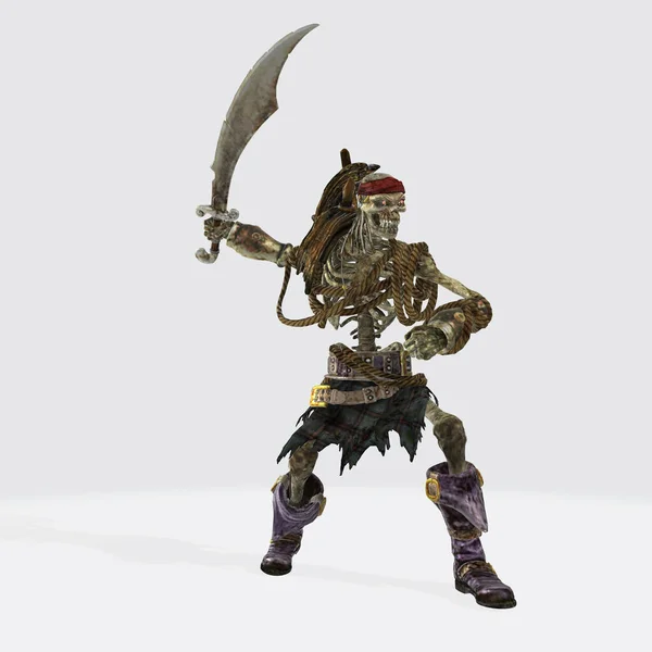A 3D rendering of a pirate skeleton character with a scimitar sword in a fighting stance