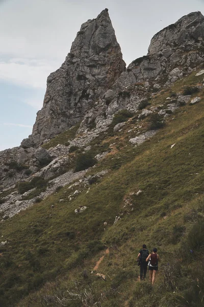 Plan Vertical Couple Randonneurs Marchant Sur Une Montagne Avec Des — Photo