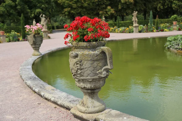 Les Magnifiques Pots Fleurs Pierre Bord Une Piscine Avec Des — Photo