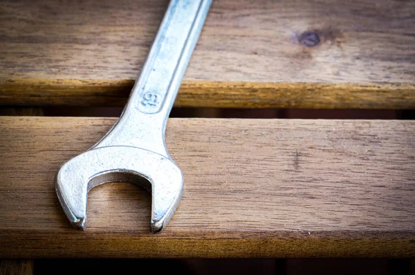 High Angle Shot Wrench Wooden Surface — Foto de Stock