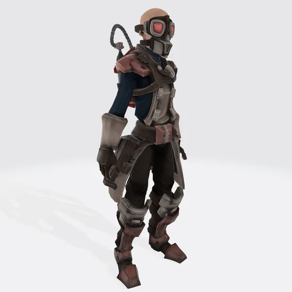 A 3D rendering of a warrior game character with a mask and oxygen tank in a standing stance