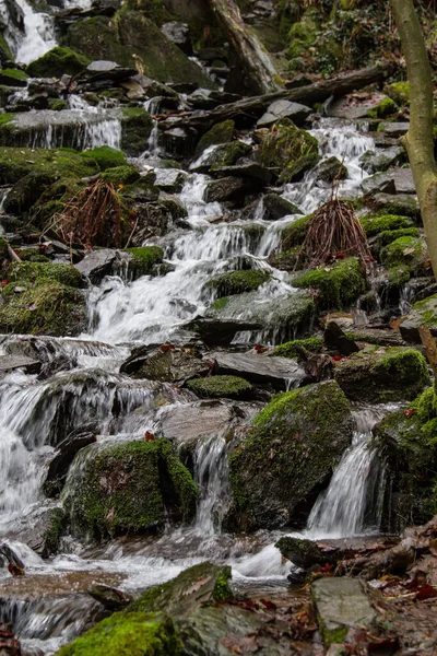 Fechamento Vertical Pequenas Cachoeiras Uma Floresta Capturada Com Exposição Longa — Fotografia de Stock