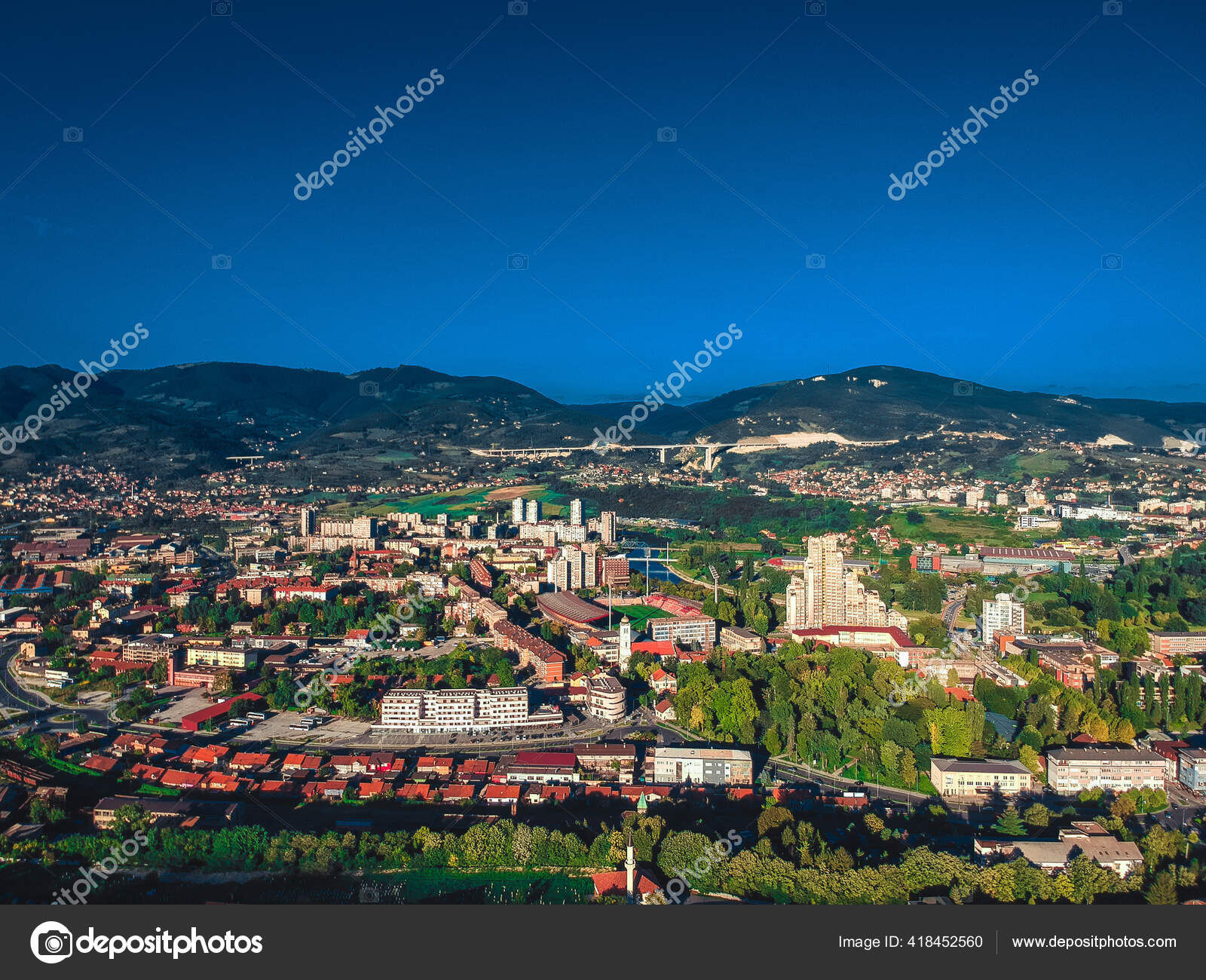 Aerial Shot Buildings Blue Sky Zenica Bosnia Herzegovina Stock Photo by