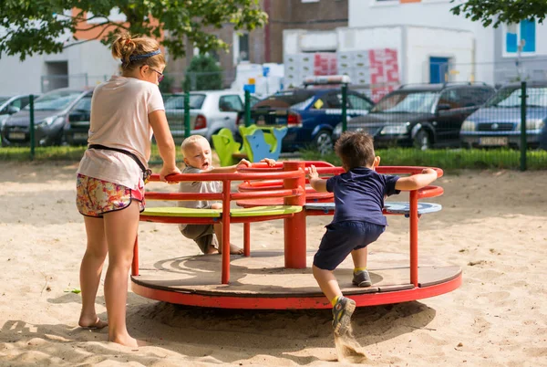Poznan Poland Oct 2020 Two Toddler Boys Girl Playing Roundabout — Stock Photo, Image
