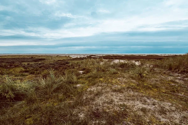 Uma Bela Foto Uma Praia Areia Fundo Céu Nublado Borkum — Fotografia de Stock