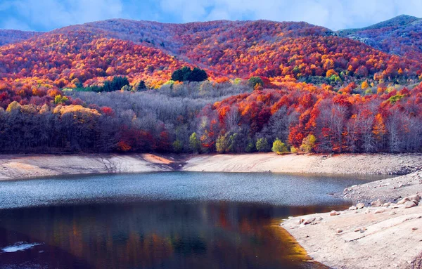 Een Hoge Hoek Opname Van Een Meer Nabij Herfstbomen Berg — Stockfoto