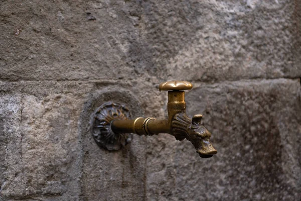 Római Vízcsap Egy Farkassal Hegyén Egy Kőfalon Süllyesztve — Stock Fotó
