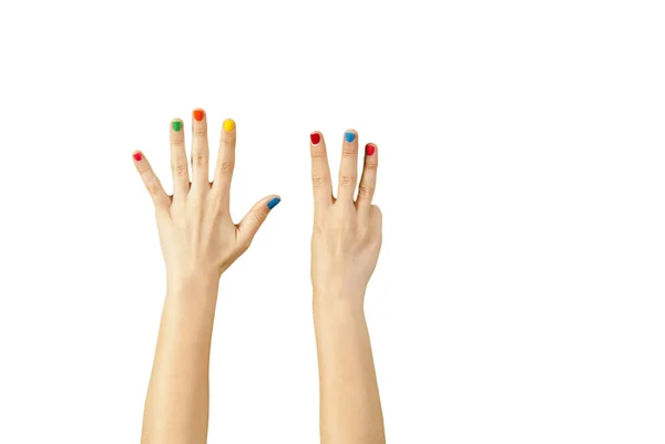 Mooie Vrouwelijke Handen Met Kleurrijke Manicure Geïsoleerd Witte Achtergrond — Stockfoto