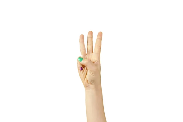 Ένα Όμορφο Γυναικείο Χέρι Πολύχρωμο Μανικιούρ Απομονωμένο Λευκό Φόντο — Φωτογραφία Αρχείου