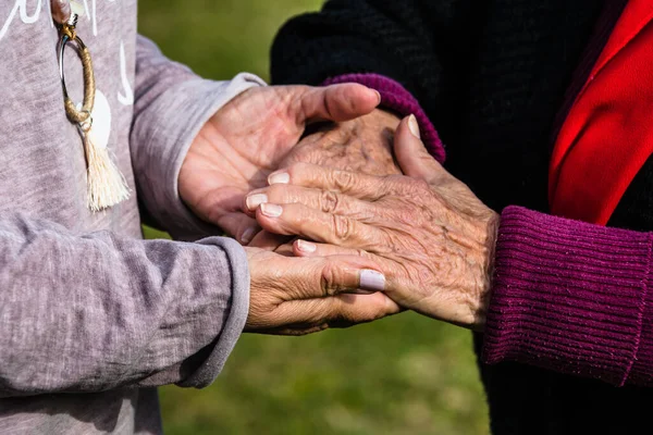 Eine Frau Hält Die Hand Ihrer Alten Mutter Und Gibt — Stockfoto