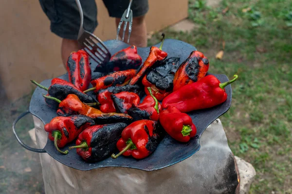 Grand Angle Poivrons Rouges Sur Barbecue — Photo