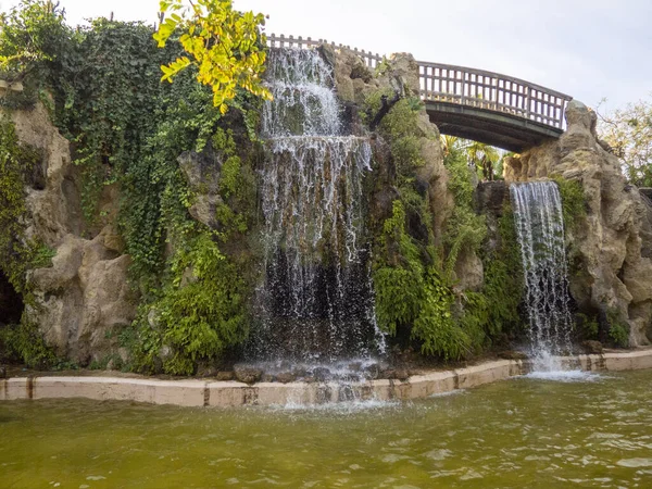 Una Cascada Baja Con Vegetación Flores Amarillas Parque Genoves Cádiz — Foto de Stock