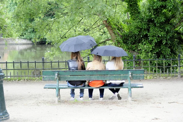 雨天的公园 有三个女人坐在长椅上 拿着雨伞 — 图库照片