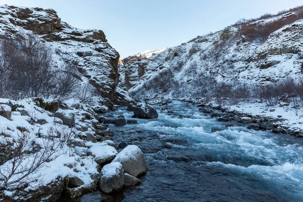 River Streaming Glymur Waterfall Iceland Winter — Stock Photo, Image