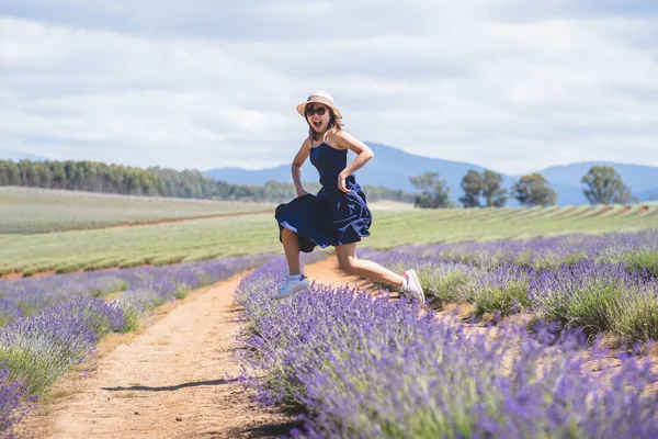 Happy Asian Female Long Blue Dress Posing Camera Lavender Field — Stock Photo, Image