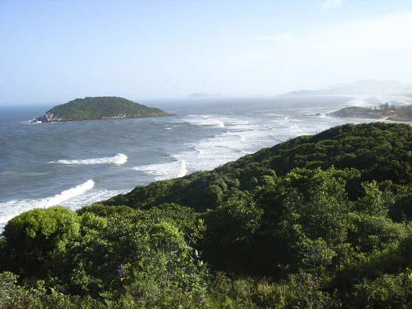 在巴西美丽的波浪形大海和绿岛 — 图库照片