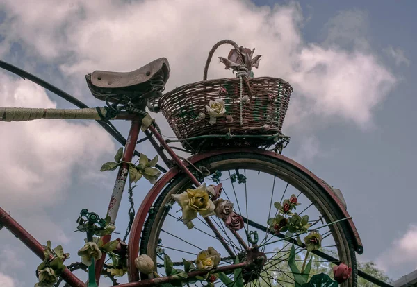 Hipnotyzujący Strzał Pięknego Kobiecego Roweru Koszem Różnymi Dekoracyjnymi Kwiatami — Zdjęcie stockowe