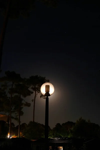 Disparo Vertical Una Lámpara Redonda Iluminada Noche —  Fotos de Stock