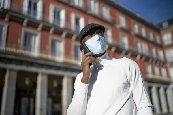 Closeup Shot Black Man Talking Phone Wearing Turtleneck Concept New — Stock Photo, Image