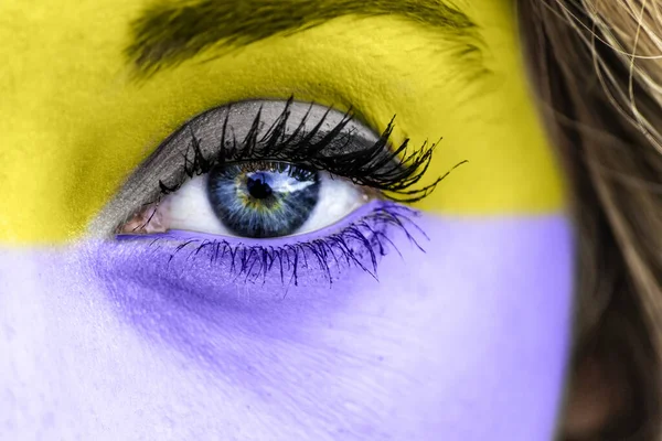 Primo Piano Dell Occhio Una Femmina Con Colori Giallo Blu — Foto Stock