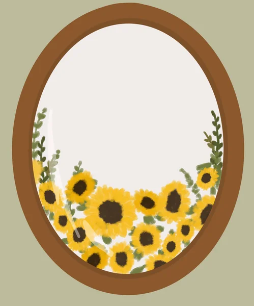Een Illustratie Van Een Ronde Houten Spiegel Met Zonnebloemen Erin — Stockfoto