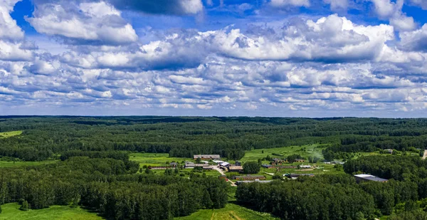 Luftaufnahme Eines Von Bäumen Umgebenen Dorfes Unter Bewölktem Himmel — Stockfoto