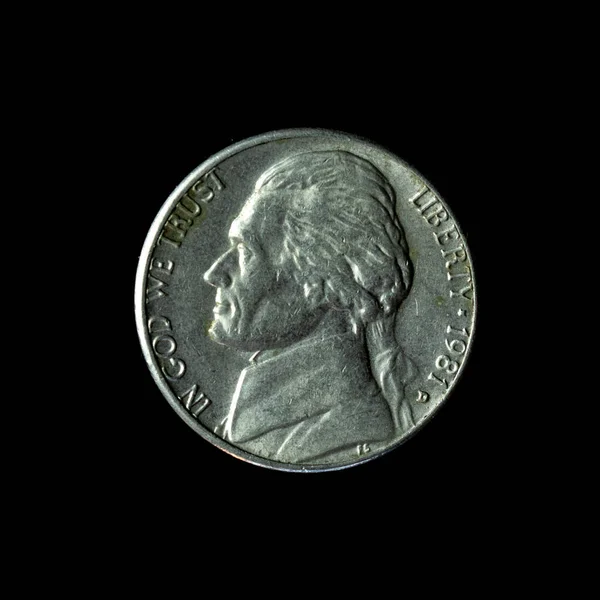 1981 Jefferson Nickel Isolerad Den Svarta Bakgrunden — Stockfoto