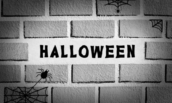 Cihlová Zeď Ilustrace Halloweenu Pavoukem — Stock fotografie