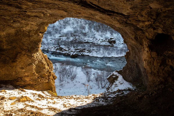 Small Cave Riverbank Glymur Iceland — Stock Fotó