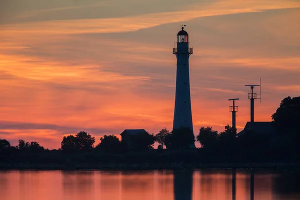 Silhueta Torre Farol Histórico Ilha Mar Cuspir Com Pôr Sol — Fotografia de Stock