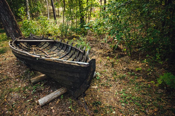 Selektive Fokusaufnahme Eines Verlassenen Holzbootes Das Von Bäumen Umgeben Ist — Stockfoto