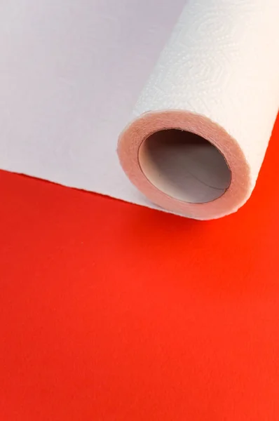 Closeup Shot White Paper Towel Roll Red Surface Copy Space — Stock Photo, Image