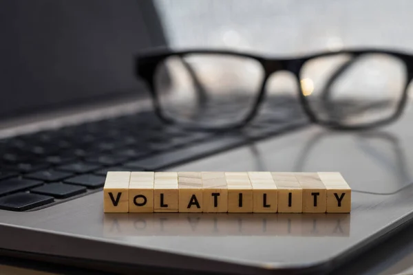 Volatility Letter Blocks Business Finance Concept Laptop Keyboard Financial Crisis — Stock Photo, Image