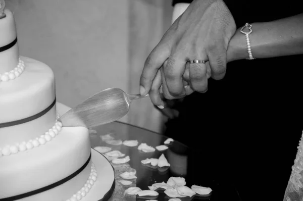 Een Grijswaarden Close Shot Van Een Bruid Een Bruidegom Snijden — Stockfoto