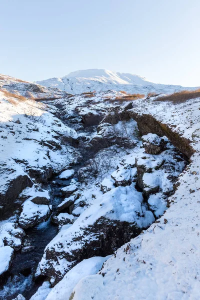 Vertical Shot River Snowy Field Glymur Iceland — Stock Photo, Image