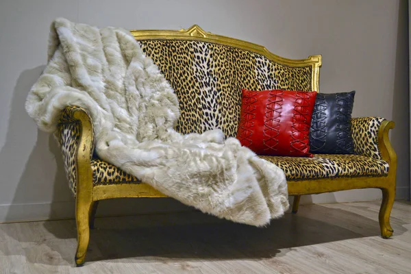 Gran Sofá Con Dos Almohadas Colores Una Gran Manta Peluda —  Fotos de Stock