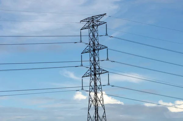 Eine Flache Aufnahme Eines Stromturms Unter Einem Bewölkten Himmel — Stockfoto