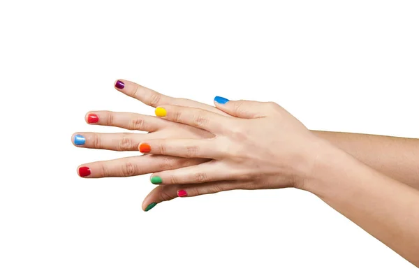 Mooie Vrouwelijke Handen Met Kleurrijke Manicure Geïsoleerd Witte Achtergrond — Stockfoto