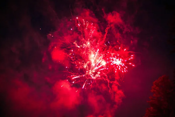 Los Brillantes Fuegos Artificiales Rojos Cielo Nocturno —  Fotos de Stock