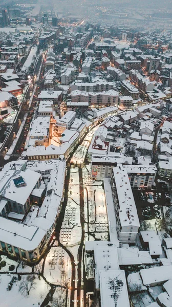 Vertical Aerial Shot Snow Covered City — Stock Photo, Image