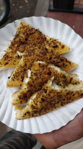 Vertical Shot Person Holding Delicious Fried Sandwiches Cheese Spice Plate — Stock Photo, Image