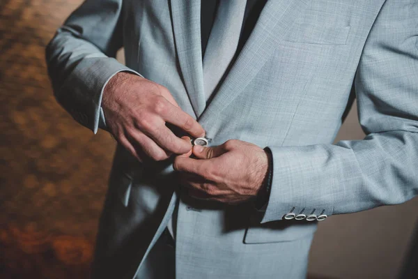 Closeup Shot Groom Wearing Grey Suit — Stock Photo, Image