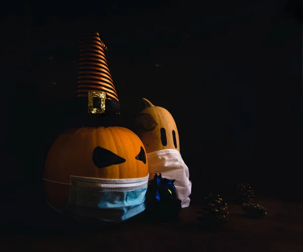 Een Close Shot Van Halloween Pompoen Lantaarns Met Een Heks — Stockfoto