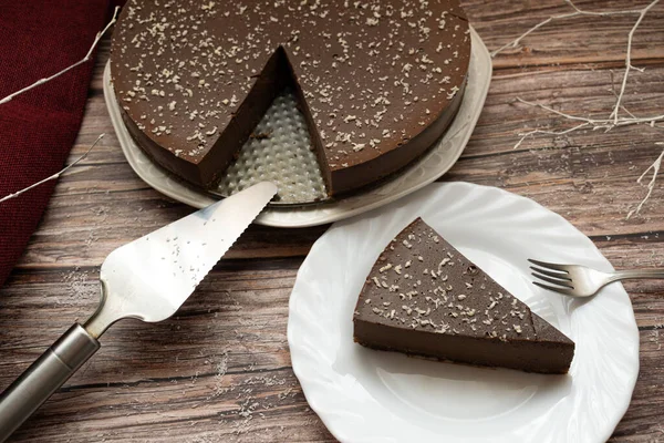 Шоколадный Десертный Торт Кусочком Торта Тарелке — стоковое фото