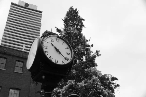 Beautiful Photo Clock Front Huge Christmas Tree Distillery District Toronto — Stock Photo, Image
