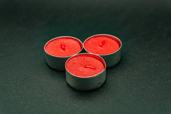 Closeup Shot Small Decorative Red Candles Metal Cases Isolated Black — Stock Photo, Image