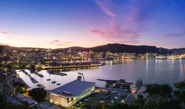 ウェリントン ニュージーランド 2020年2月25日 ビクトリア山から見たウェリントン市内の建物や港の夕暮れの景色 ウェリントンはニュージーランドの首都 — ストック写真
