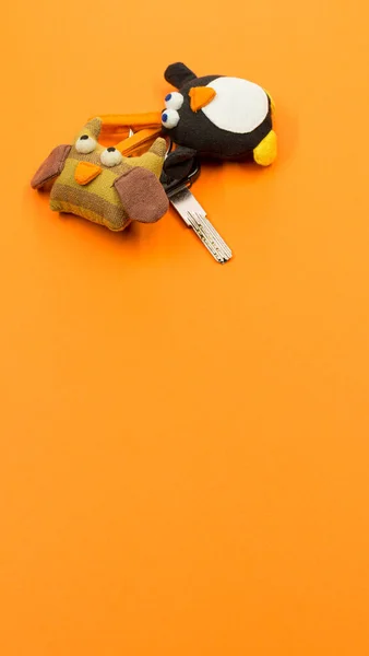 Egy Függőleges Felvétel Egy Kulcstartóról Játékokkal Egy Narancssárga Felületen — Stock Fotó